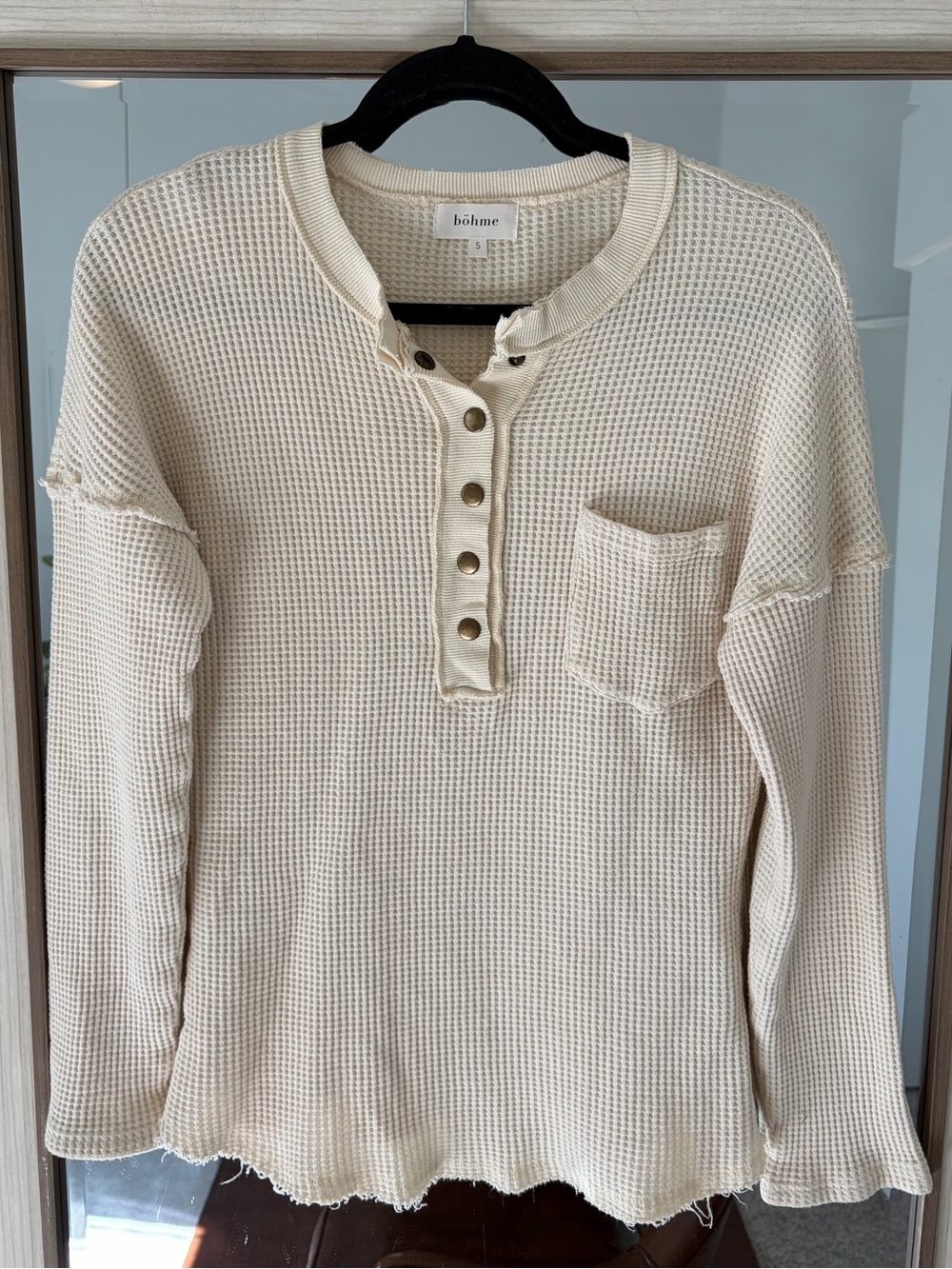 Bohme Thermal Waffle Texture Tee Size S Long Sleeve Brass Snaps 100% Cotton